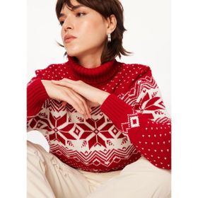 Lee Cooper 241 LCF 261001 Kırmızı Beyaz Snow Balıkçı Yaka Oversize Kadın Kazak