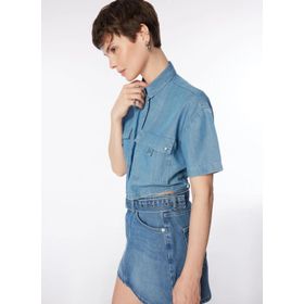 Lee Cooper 242 LCF 141001 Düz Mavi Denim Crop Kadın Gömlek