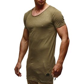Leif Nelson LN6336 Bisiklet Yaka Dar Kesim Pamuk Haki Erkek T-shirt