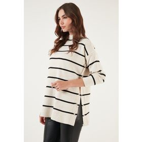 Lela 4615197 Beyaz Çizgili Dik Yaka Oversize Triko Kadın Kazak