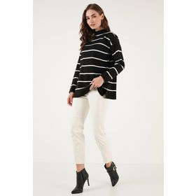 Lela 4615197 Beyaz Çizgili Dik Yaka Oversize Triko Kadın Kazak