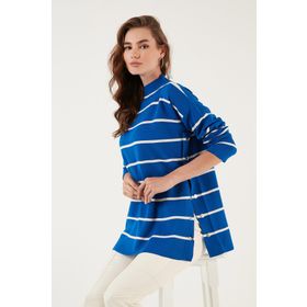 Lela 4615197 Beyaz Çizgili Dik Yaka Oversize Triko Kadın Kazak