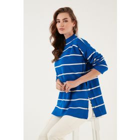Lela 4615197 Beyaz Çizgili Dik Yaka Oversize Triko Kadın Kazak