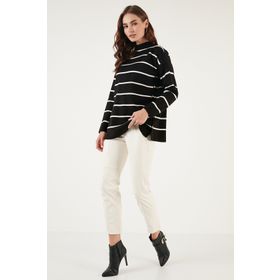 Lela 4615197 Beyaz Çizgili Dik Yaka Oversize Triko Kadın Kazak