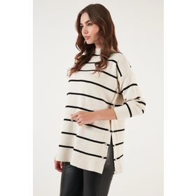 Lela 4615197 Beyaz Çizgili Dik Yaka Oversize Triko Kadın Kazak