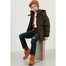 Lela 5761587 Peluş Astarlı Çıkarılabilir Kapüşonlu Cepli Kışlık Haki Erkek Çocuk Mont