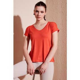 Lela 5862000 Nar Çiçeği V Yaka Rahat Kesim Kadın Bluz
