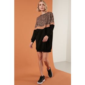 Lela 5863604 Leopar Desenli Renk Bloklu Kadın Tunik