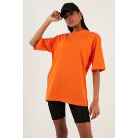 Lela 5864562 Oranj Pamuklu Oversize Bisiklet Yaka Kadın T-shirt