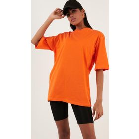 Lela 5864562 Oranj Pamuklu Oversize Bisiklet Yaka Kadın T-shirt