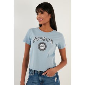 Lela 5864581 Bebe Mavi Brooklyn Baskılı Bisiklet Yaka Dar Kesim Kadın T-shirt