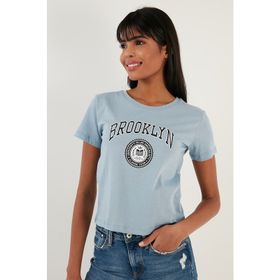 Lela 5864581 Bebe Mavi Brooklyn Baskılı Bisiklet Yaka Dar Kesim Kadın T-shirt