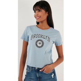 Lela 5864581 Bebe Mavi Brooklyn Baskılı Bisiklet Yaka Dar Kesim Kadın T-shirt