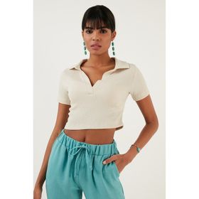 Lela 5865035 Taş Slim Fit Polo V Yaka Crop Kadın Bluz