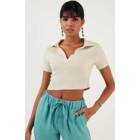 Lela 5865035 Taş Slim Fit Polo V Yaka Crop Kadın Bluz