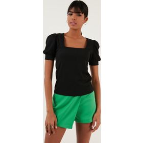 Lela 5865037 Siyah Kol Detaylı Kare Yaka Kadın Bluz
