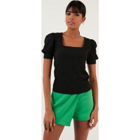Lela 5865037 Siyah Kol Detaylı Kare Yaka Kadın Bluz