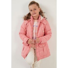 Lela 6034040 Yakası Suni Kürklü İçi Peluş Astarlı Kapüşonlu Cepli Açık Pembe Kız Çocuk Mont