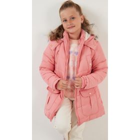 Lela 6034040 Yakası Suni Kürklü İçi Peluş Astarlı Kapüşonlu Cepli Açık Pembe Kız Çocuk Mont