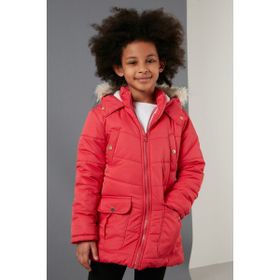 Lela 6034040 Yakası Suni Kürklü İçi Peluş Astarlı Kapüşonlu Cepli Kırmızı Kız Çocuk Mont
