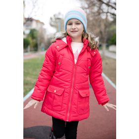 Lela 6034040 Yakası Suni Kürklü İçi Peluş Astarlı Kapüşonlu Cepli Kırmızı Kız Çocuk Mont