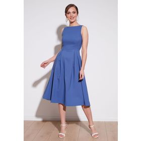 Lela 6051963 İndigo Bisiklet Yaka Regular Fit Cepli Pileli Midi Kadın Elbise