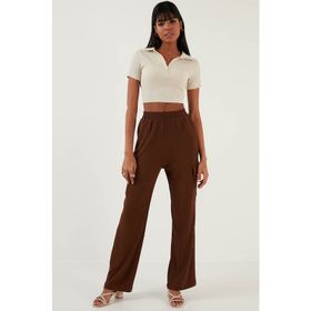 Lela 6236379 Kahve Rahat Kesim Bol Paça Cepli Esnek Krinkıl Kadın Pantolon