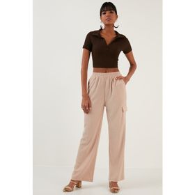 Lela 6236379 Taş Rahat Kesim Bol Paça Cepli Esnek Krinkıl Kadın Pantolon