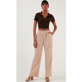 Lela 6236379 Taş Rahat Kesim Bol Paça Cepli Esnek Krinkıl Kadın Pantolon
