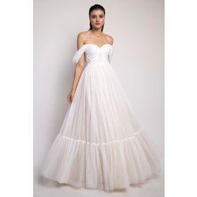 Lenta Moda 5LMBF2021BF001 Fırfır Detaylı Puantiyeli Beyaz Nişan Elbisesi