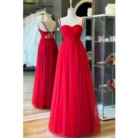 Lenta Moda LM030123Bİ01 Drapeli Ve İnci Detaylı Tül Kırmızı Abiye Elbise