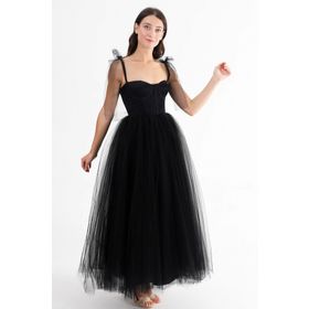 Lenta Moda LM2020TA001 Midi Boy Tül Siyah Abiye Elbise