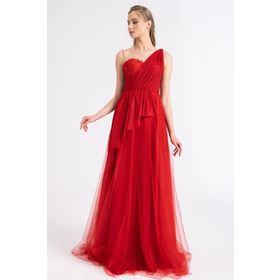 Lenta Moda LM20213011GD000 Drape Detaylı Simli Kırmızı Abiye Elbise