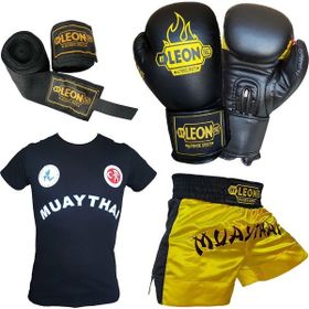 Leon Blade Sarı Boks Eldiveni Muay Thai Şortu Tişört ve Bandaj Seti