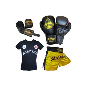 Leon Blade Sarı Boks Eldiveni Muay Thai Şortu Tişört ve Bandaj Seti
