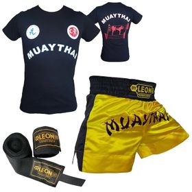Leon Classic Sarı Muay Thai Şortu Tişört ve Boks Bandajı Seti