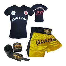 Leon Classic Sarı Muay Thai Şortu Tişört ve Boks Bandajı Seti