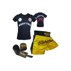 Leon Classic Sarı Muay Thai Şortu Tişört ve Boks Bandajı Seti