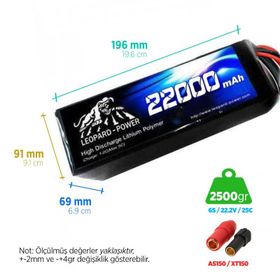 Leopard Power 22000 mAh 22.2V 6S 25C UAV Multirotor Lityum Polimer Lipo Batarya