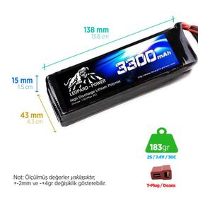 Leopard Power 3300 mAh 7.4V 2S 30C Lityum Polimer Lipo Batarya