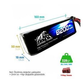 Leopard Power 6200 mAh 7.4V 2S 40C Lityum Polimer Lipo Batarya