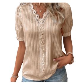 Letuwj Hollow Out Kayısı Düz Renk Casual Kısa Kollu Kadın T-shirt