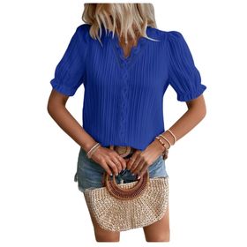 Letuwj Hollow Out Mavi Düz Renk Casual Kısa Kollu Kadın T-shirt