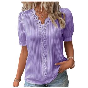 Letuwj Hollow Out Mor Düz Renk Casual Kısa Kollu Kadın T-shirt
