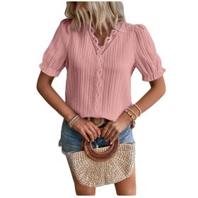 Letuwj Hollow Out Pas Kırmızısı Düz Renk Casual Kısa Kollu Kadın T-shirt