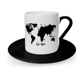 Leydi Collection World Map Tasarımlı Siyah 1 Türk Kahvesi Fincanı