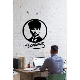 Leylaser 65x50 cm 3 mm Siyah Atatürk Portresi ve İmzası MDF Lazer Kesim Dekor Ahşap Tablo
