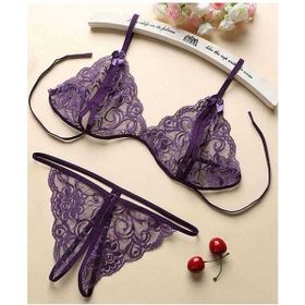 Leyna TM2087 Mor Dantelli ve Gstring Sütyen Takımı