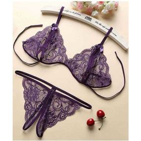 Leyna TM2087 Mor Dantelli ve Gstring Sütyen Takımı
