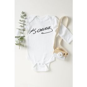 Limon Beyaz Atatürk İmza Baskılı Kısa Kol Çıtçıtlı Unisex Bebek Body Zıbın